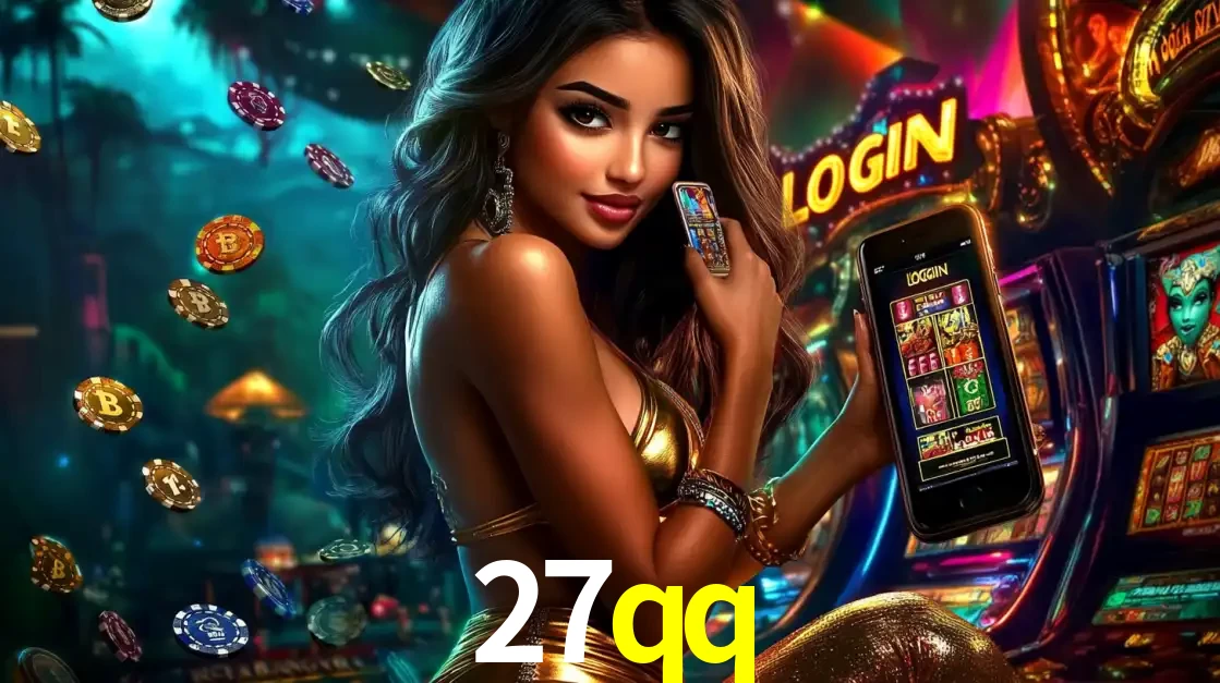 Mulher em um cenário de cassino temático de aventura, mostrando o app de caça-níqueis da 27qq no celular. Fichas de apostas flutuam ao redor.