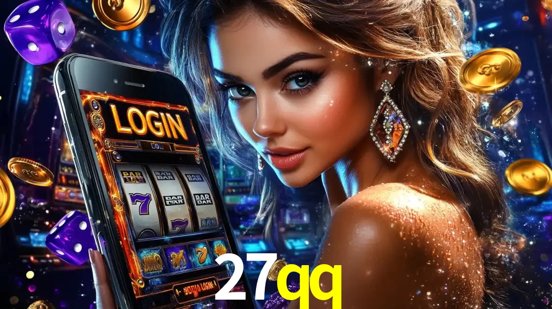 Mulher glamorosa segurando um smartphone com a tela de login para os jogos de caça-níqueis do cassino online 27qq, com moedas de ouro e dados ao redor.