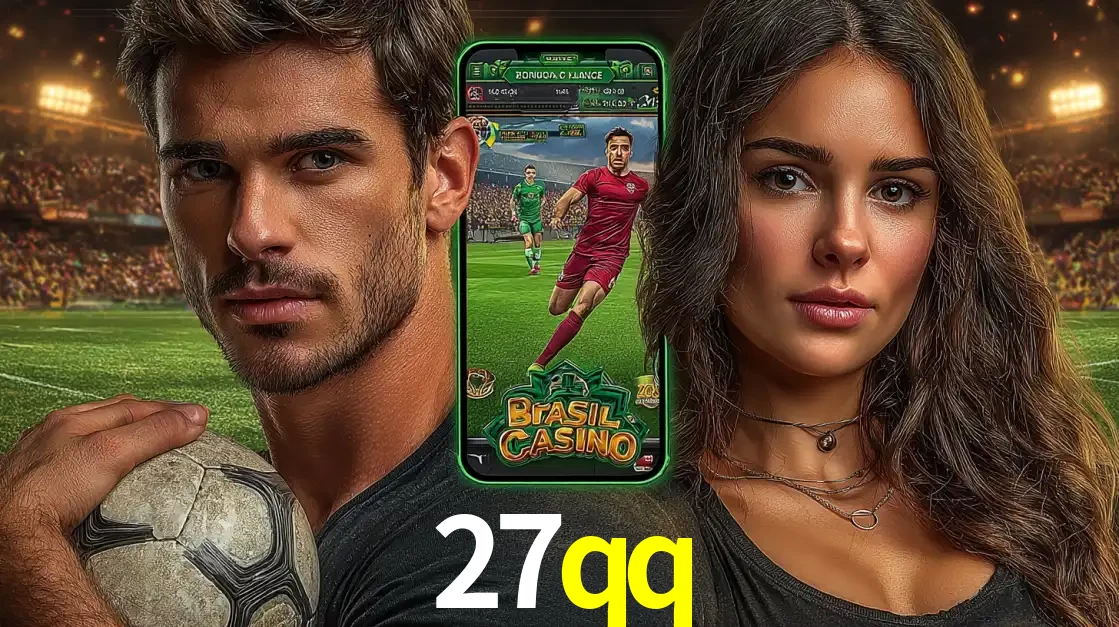 Homem segurando uma bola de futebol e uma mulher ao lado de um smartphone exibindo o jogo de apostas esportivas da 27qq. Faça seu palpite no cassino online.